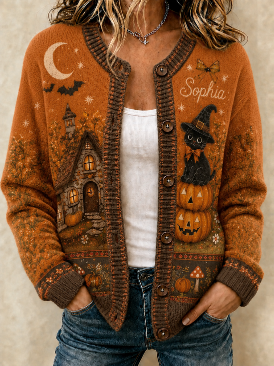 Crew Neck Cat Casual Regular Fit Cardigan