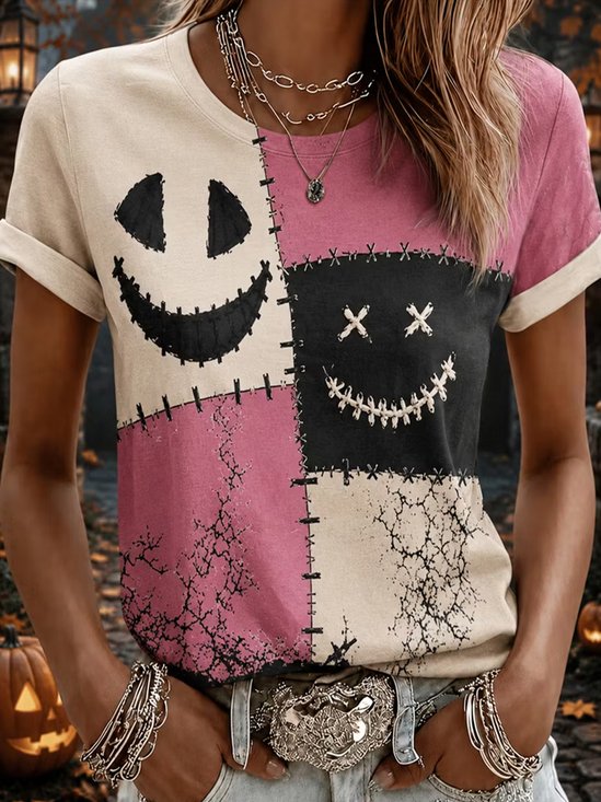 Patchwork Fun Ghost Face Casual T‑Shirt