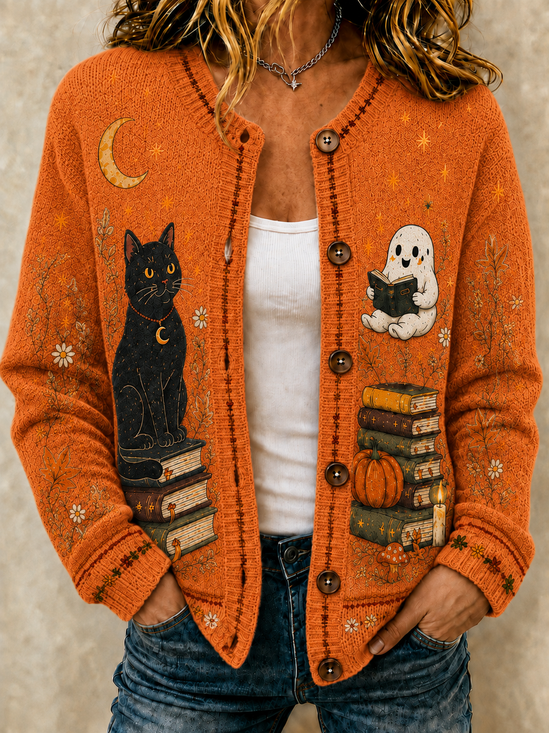 Crew Neck Cat Casual Regular Fit Cardigan