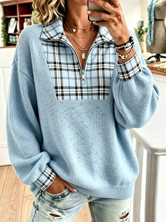 Timeless Plaid Splicing Collared Zip‑Up Sweatshirt