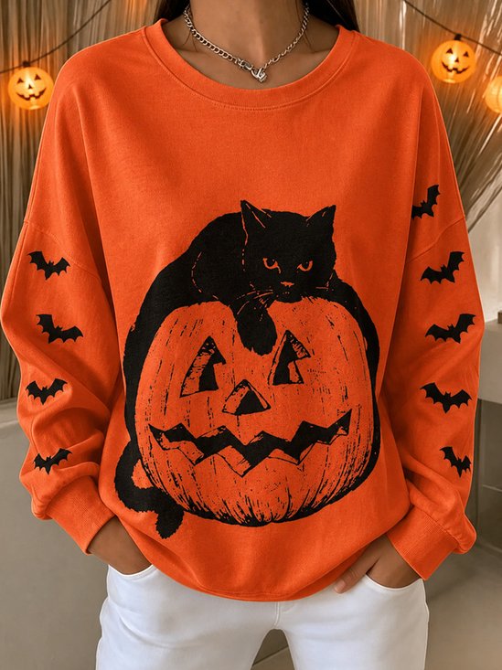Halloween Black Cat Pumpkin Pattern Loose Sweatshirt