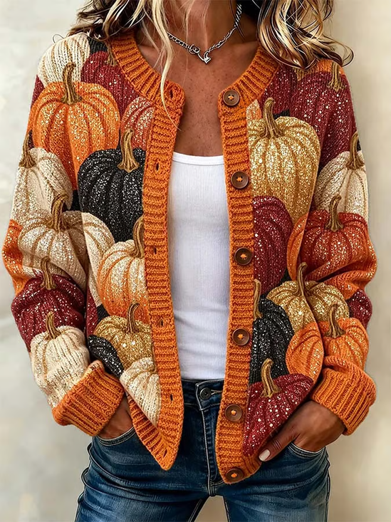 Regular Fit Vintage Crew Neck Printing Cardigan