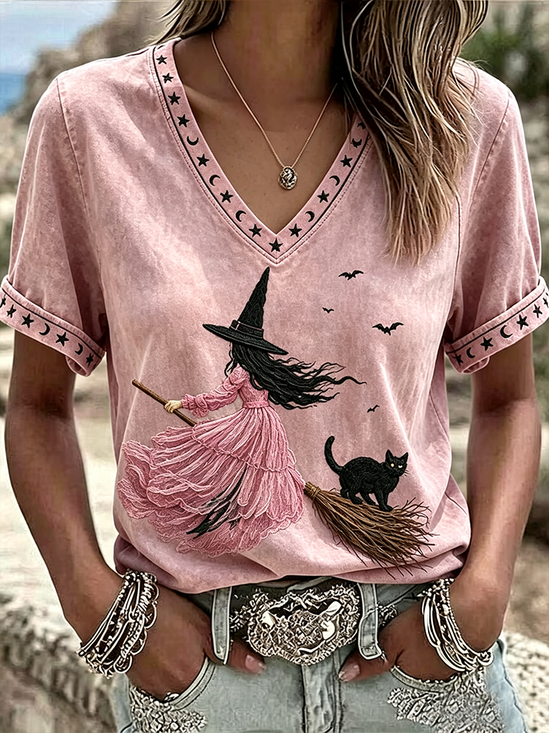 Women's Short Sleeve T-shirt Summer Pink Halloween Printing V Neck Daily Going Out Vintage Top
