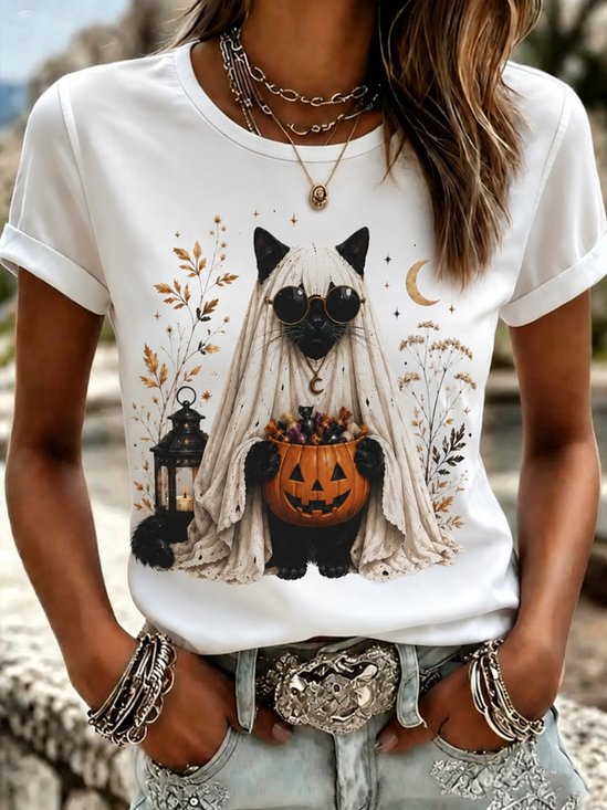 rendy Black Cat Pumpkin Graphic Casual T‑Shirt