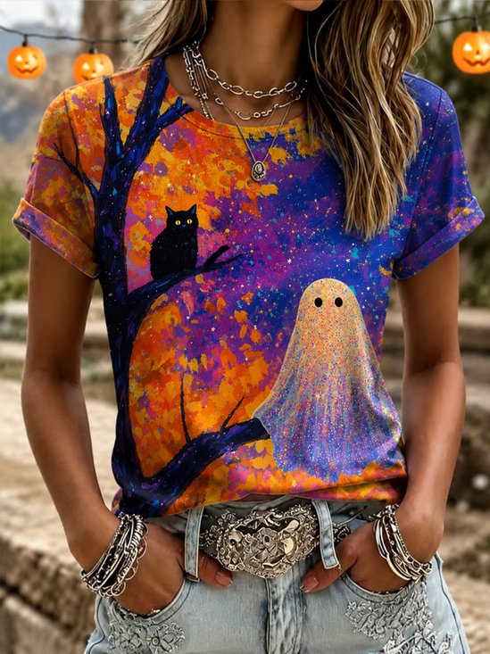 Halloween Night Black Cat Ghost Print Versatile T‑Shirt