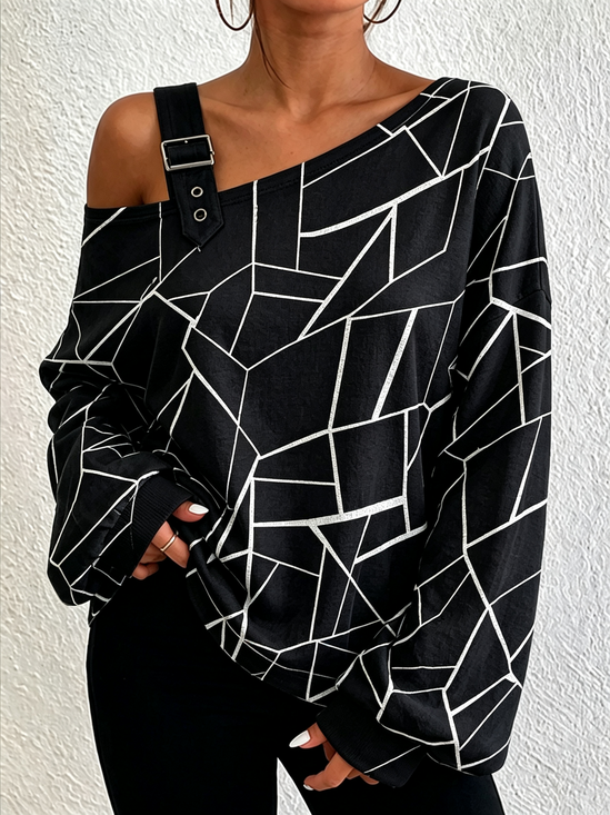 Geometric Print Off‑Shoulder Trendy Sweatshirt