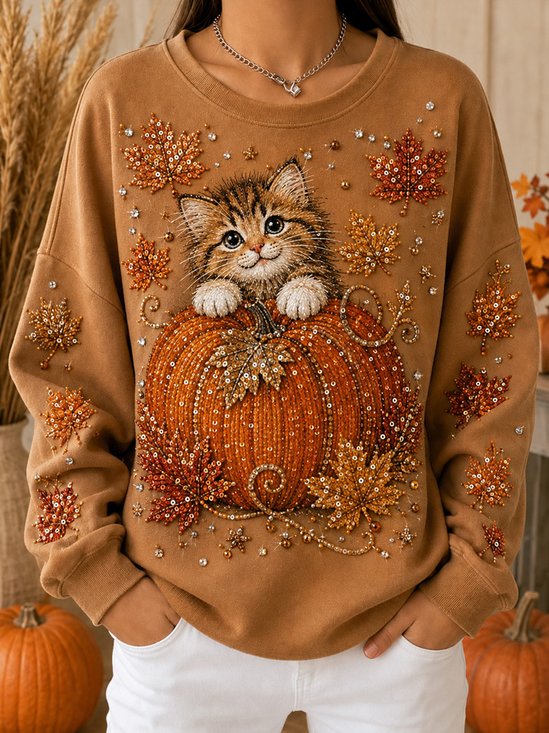 Kitten Pumpkin Maple Leaf Graphic Sweatshirt