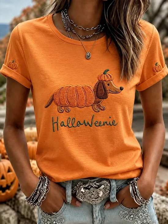 Women's Autumn Pumpkin & Cute Dog T-Shirt