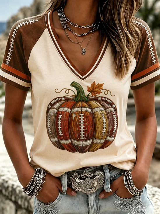 Football Pumpkin Graphic Raglan V‑Neck T-Shirt