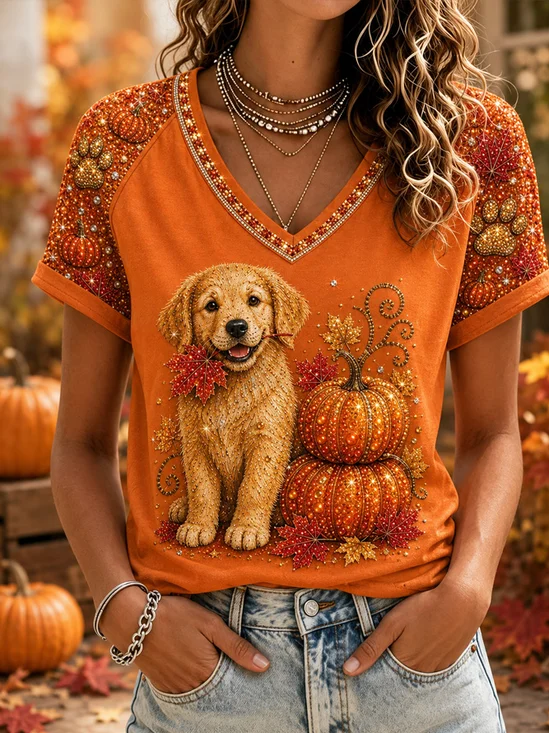 Women's Autumn Dog and Pumpkin T-Shirt