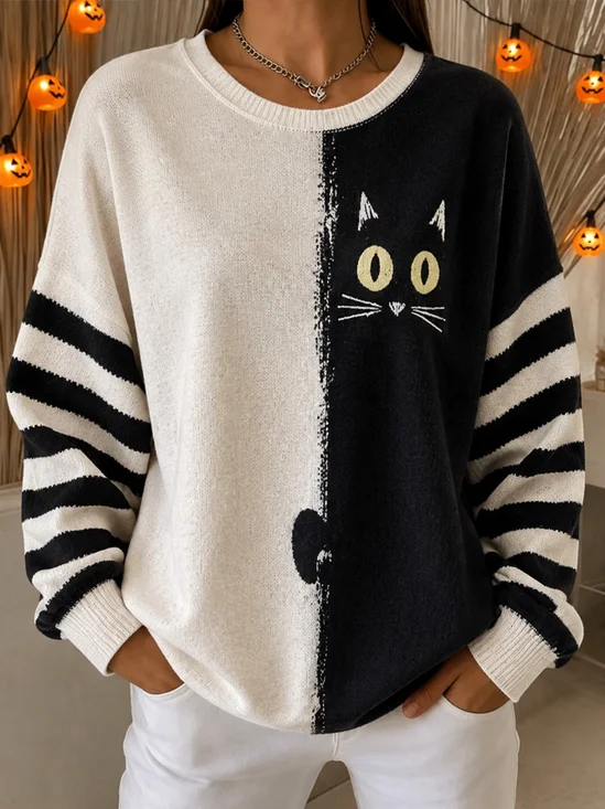 Black Cat Graphic Color‑Block Casual Sweatshirt