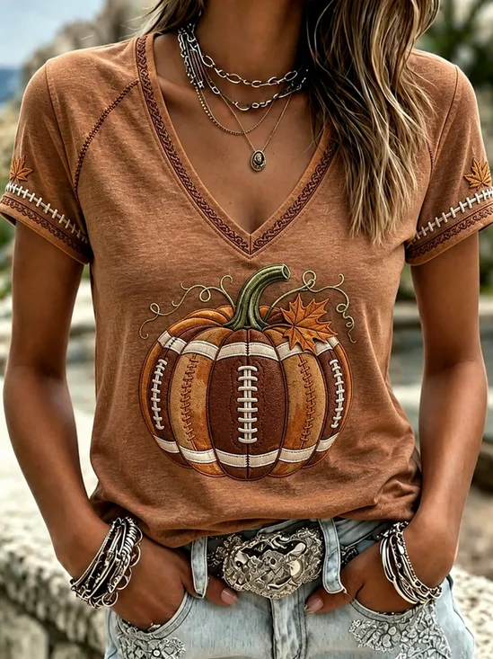 Football Pumpkin Graphic V‑Neck Casual T-Shirt