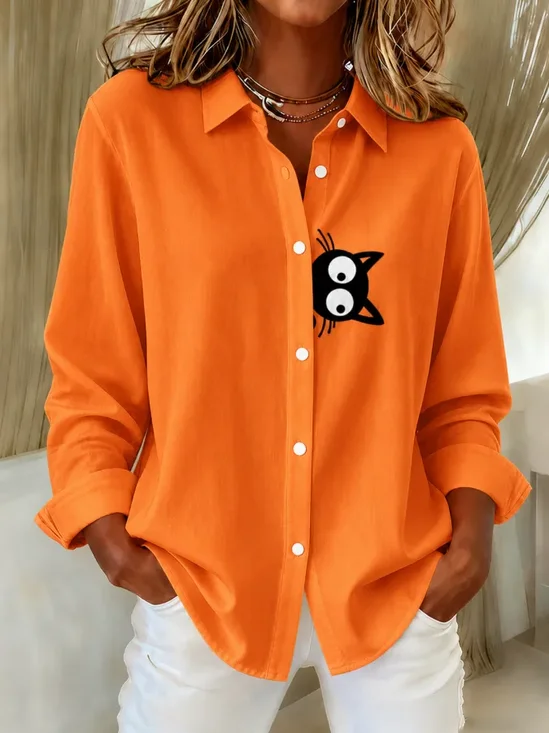 Women's Long Sleeve Shirt Spring/Fall Orange Cat Buckle Shirt Collar Regular Sleeve Daily Going Out Casual Top
