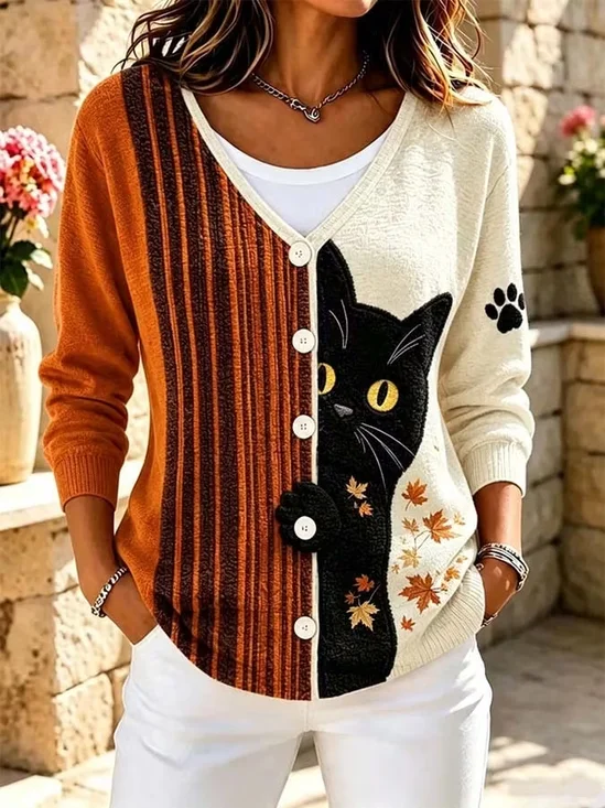 Regular Fit Cat V Neck Casual Knit Top