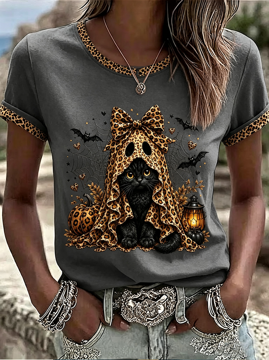 Women's Short Sleeve T-shirt Summer Gray Halloween Printing Jersey Crew Neck Daily Going Out Casual Top