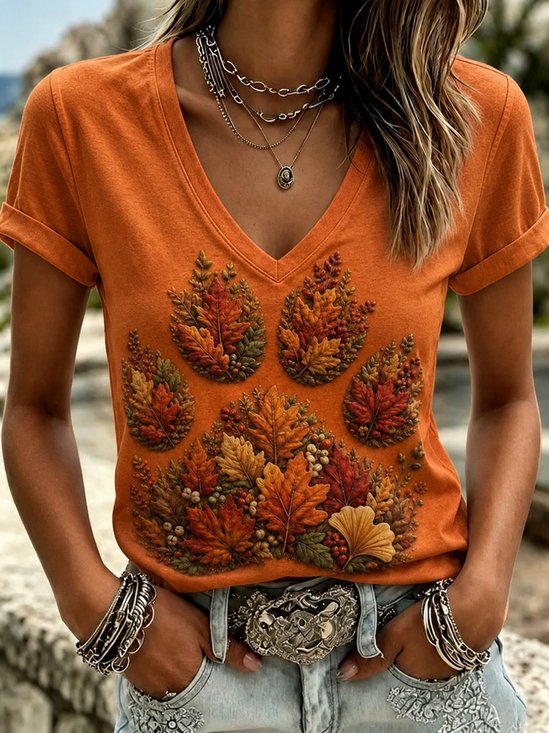 Autumn Leaf Paw Print V‑Neck Fashion T-Shirt