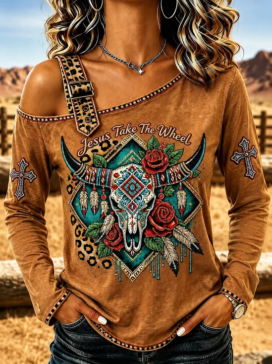 Text Letters One Shoulder Regular Fit Vintage Sweatshirt