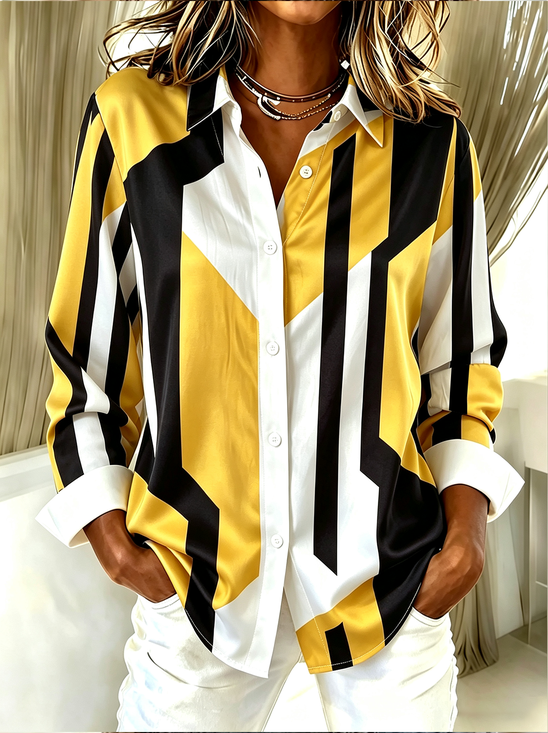 Women's Long Sleeve Shirt Spring/Fall Yellow Abstract Buckle Shirt Collar Regular Sleeve Daily Going Out Casual Top