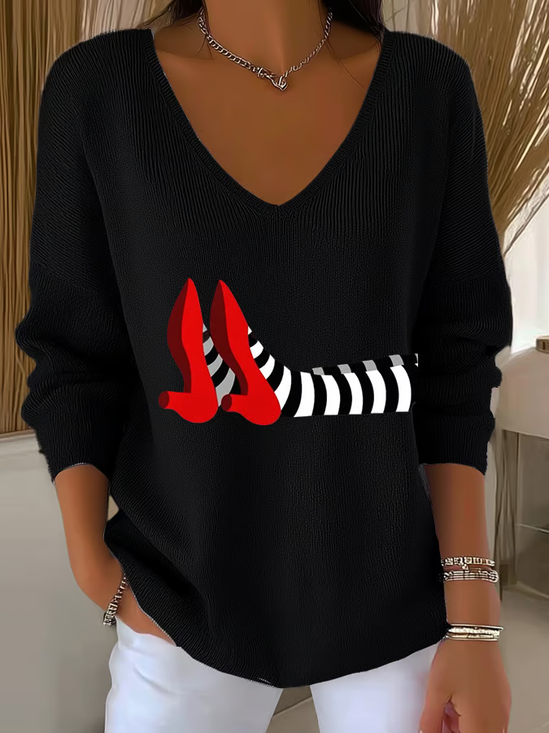 Women's Long Sleeve T-shirt Spring/Fall Black Halloween Printing V Neck Daily Going Out Casual Top