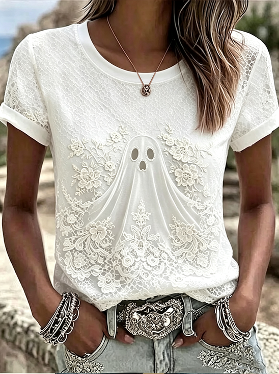 Women's Short Sleeve T-shirt Summer White Halloween Printing Jersey Crew Neck Daily Going Out Casual Top