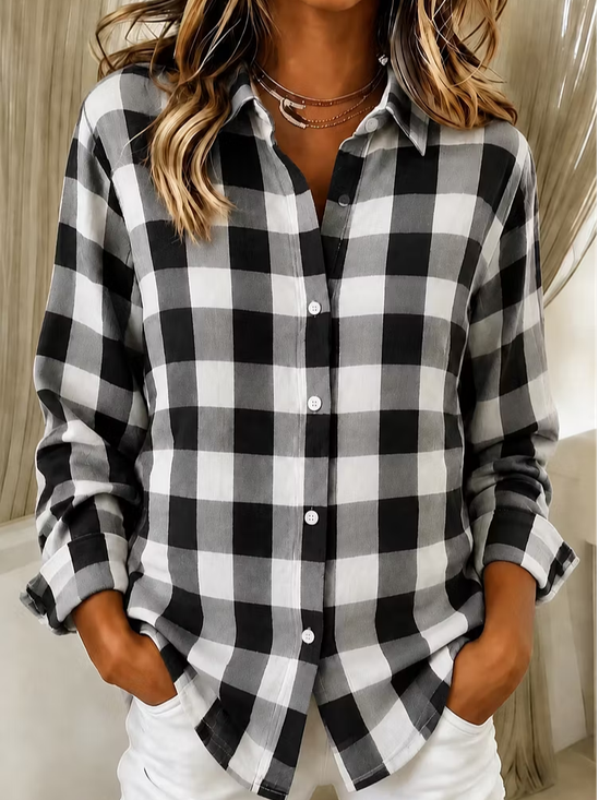 Women's Long Sleeve Shirt Spring/Fall Black Plaid Buckle Shirt Collar Regular Sleeve Daily Going Out Casual Top