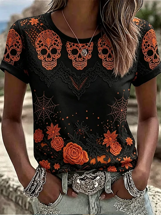Women's Short Sleeve T-shirt Summer Black Halloween Printing Jersey Crew Neck Daily Going Out Casual Top