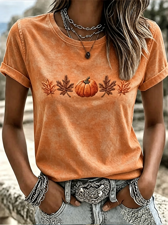 Women's Short Sleeve T-shirt Summer Orange Pumpkin Pattern Printing Jersey Crew Neck Daily Going Out Casual Top