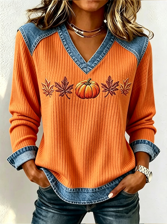 Casual V Neck Faux Denim Print Graphic Sweatshirt