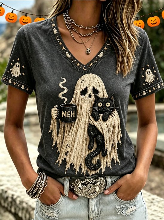 Fun Ghost & Black Cat V‑Neck T-Shirt