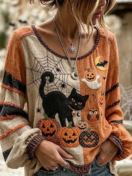 Women's Long Sleeve Blouse Spring/Fall Orange Halloween Printing Crew Neck Daily Going Out Vintage Top