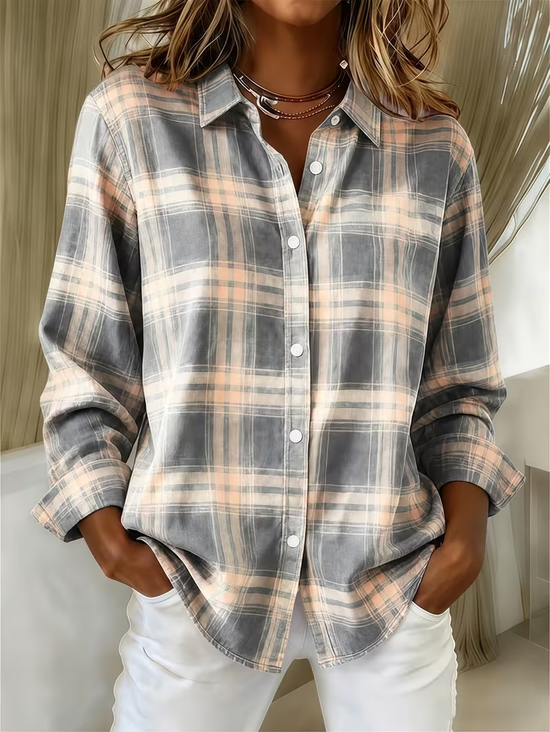 Women's Long Sleeve Shirt Spring/Fall Gray Plaid Buckle Shirt Collar Regular Sleeve Daily Going Out Casual Top