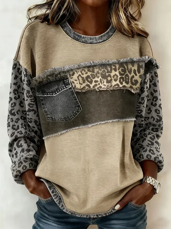 Leopard Crew Neck Casual Printing Sweatshirt