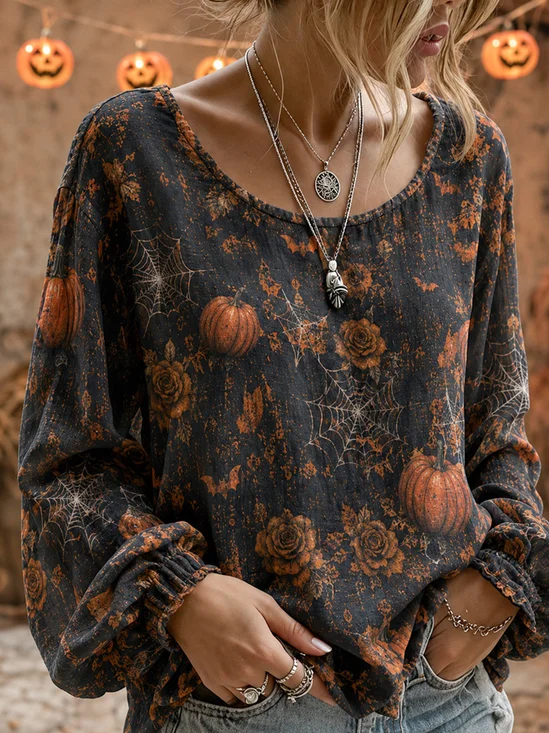Vintage Halloween Pumpkin and Spiderweb Blouse