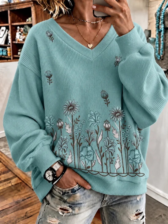 Floral Loose Simple V Neck Sweatshirt