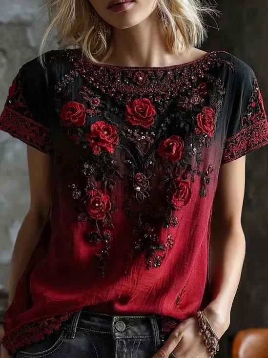 Women's Short Sleeve T-shirt Summer Red Floral Printing Crew Neck Daily Going Out Casual Top