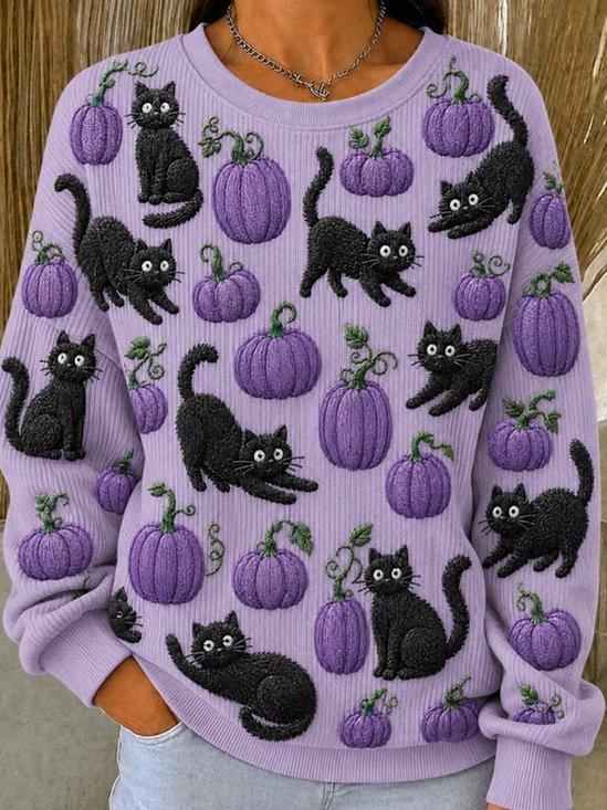 Black Cat Pumpkin Graphic  Crew Neck Sweatshirt
