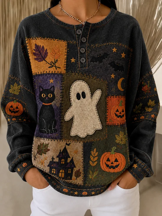 Halloween Pumpkin and Black Cat Patchwork Sweatshirt