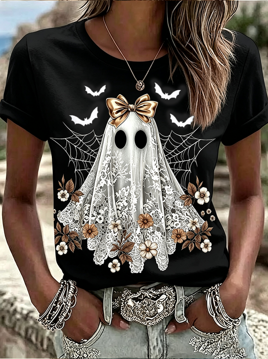 Women's Short Sleeve T-shirt Summer Black Halloween Printing Jersey Crew Neck Daily Going Out Casual Top
