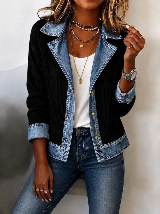 Contrast Stitching Regular Fit Cotton-Blend Simple Jacket