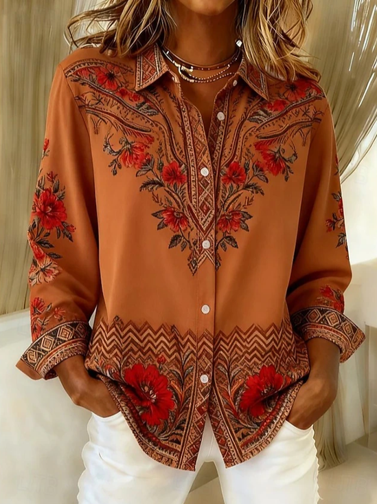 Women's Long Sleeve Shirt Spring/Fall Red Brown Floral Buckle Shirt Collar Regular Sleeve Daily Going Out Casual Top
