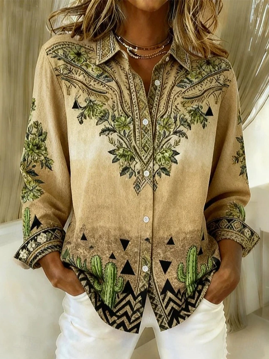 Women's Long Sleeve Shirt Spring/Fall Khaki Wild West Buckle Shirt Collar Regular Sleeve Daily Going Out Casual Top