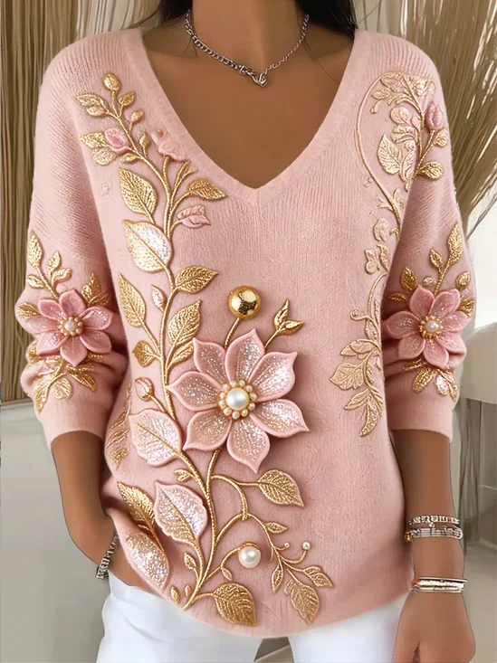 Women's Long Sleeve T-shirt Spring/Fall Pink Floral Printing V Neck Daily Going Out Casual Top