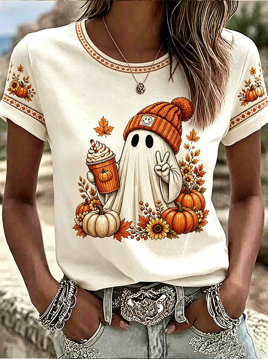 Women's Short Sleeve T-shirt Summer Off White Halloween Printing Jersey Crew Neck Daily Going Out Casual Top