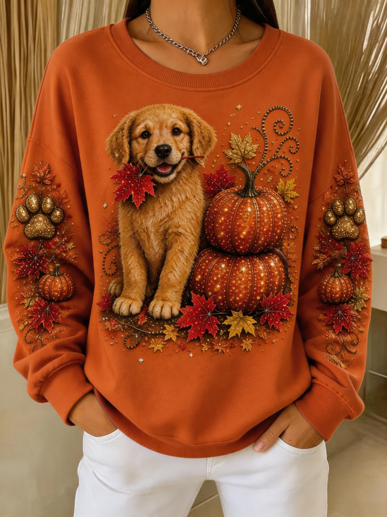 Cute Pet Pumpkin Maple Graphic Crew Neck Sweatshirt