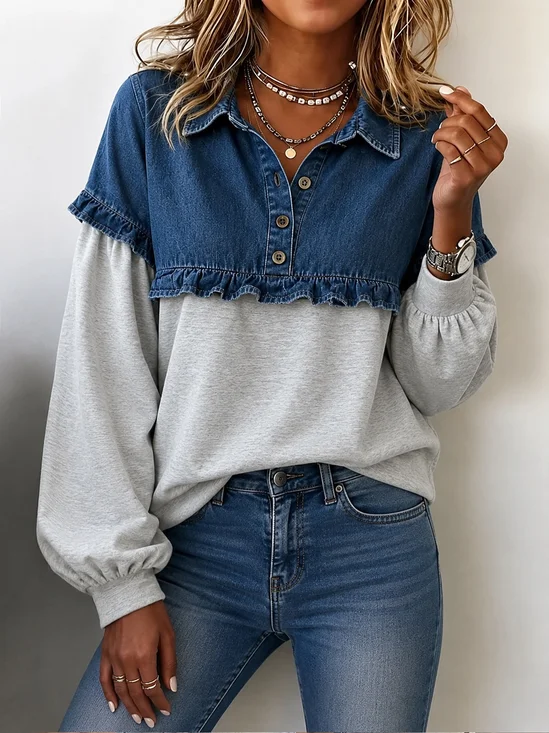 Plain Button Detail Loose Vintage Sweatshirt