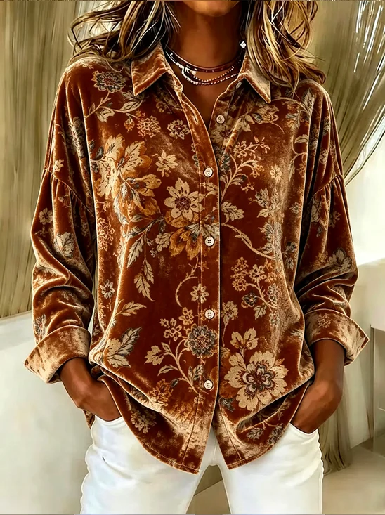 Women's Long Sleeve Shirt Spring/Fall Brown Floral Buckle Shirt Collar Regular Sleeve Daily Going Out Casual Top