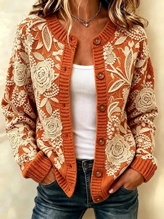 Crew Neck Printing Regular Fit Vintage Cardigan