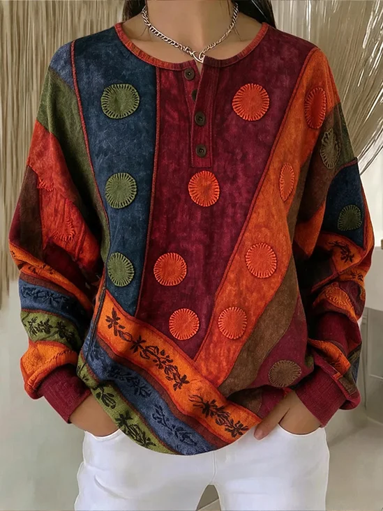 Boho Geometric Color‑Block Henley Casual  Sweatshirt