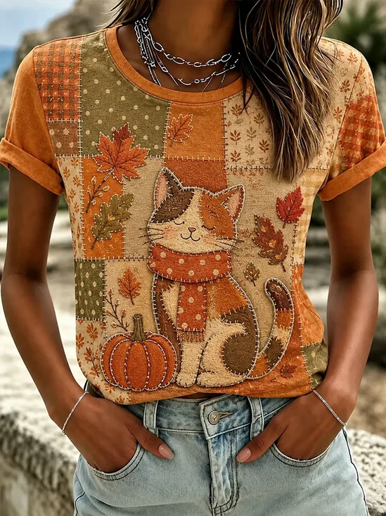 Fall Cat Pumpkin Graphic Casual Short‑Sleeve T-Shirt