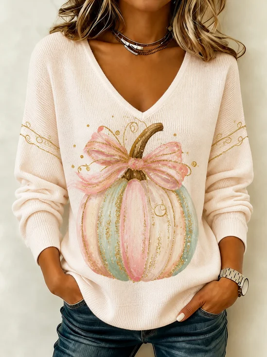 Bow‑Pumpkin Graphic V‑Neck Loose T-Shirt